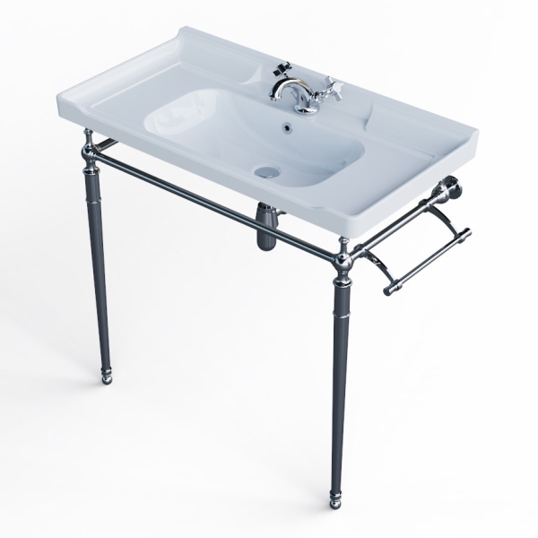 【麗室衛浴】美式古典 C-197 方型一體盆加不鏽鋼腳柱盆60* 46公分 product lightbox image 1