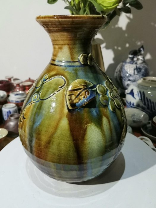 嚴選日本手捏孤品唐三彩釉陶花瓶，附原裝實木箱，工藝精湛帶古典