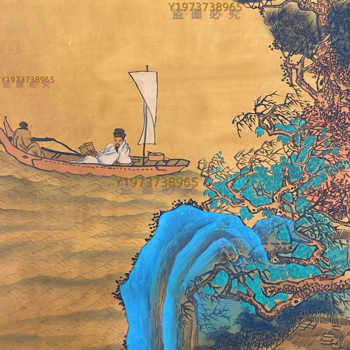 LCH-15【唐寅】青綠山水，一物一圖，純手繪絹本六尺中堂立軸作品【古董
