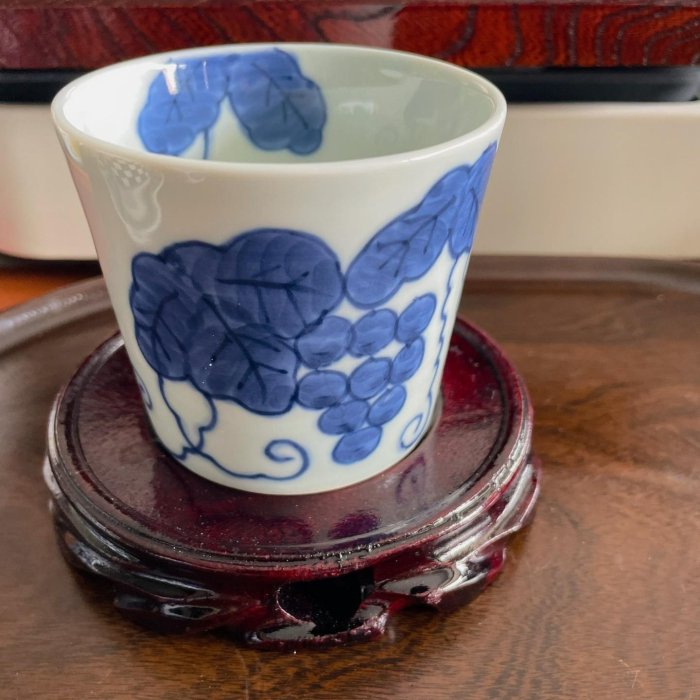 日本回流職人手作青花手繪葡萄朱口杯主人茶杯復古茶具送禮收藏【富山