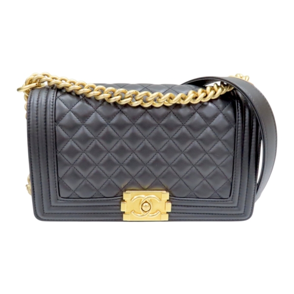 CHANEL 香奈兒 黑色 牛皮 菱格紋 荔枝紋 Boy 25 鍊帶 肩背包 金扣 A67086 【二手名牌BRAND OFF】