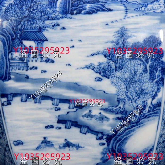 清乾隆青花開窗閣樓山水紋豎口瓶49×29 舊藏古董古玩【古齋】-2071