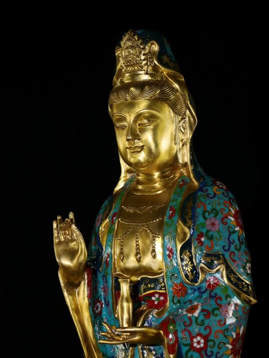 清・古銅彫・景泰藍・琺瑯彩・塗金・雙蓮花底座觀音仏・仏教古美術