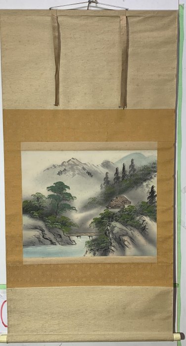 藏舊尋寶屋】老日本畫家落款「彩色水墨山水圖」水墨畫/彩色/畫軸