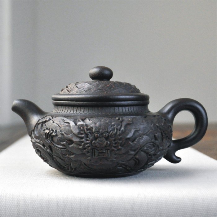 墨壺　240mm 壺静 宜興茶壺工藝師李靜老師【精刻浮雕雙龍壺】墨泥調砂《百壺堂》H071210