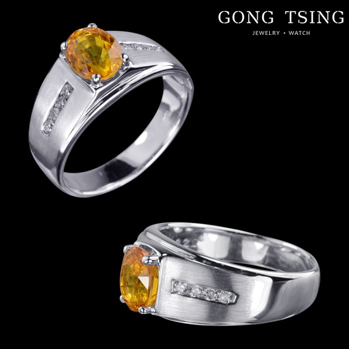 公信精品】天然黃寶石鑽戒約2.20克拉白K金男戒戒指天然寶石天然真鑽2