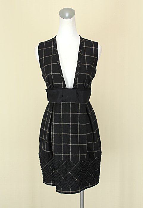 貞新二手衣TAN&LUCIANA 設計師 黑色格紋v領無袖羊毛100%洋裝M(9號)(43855)