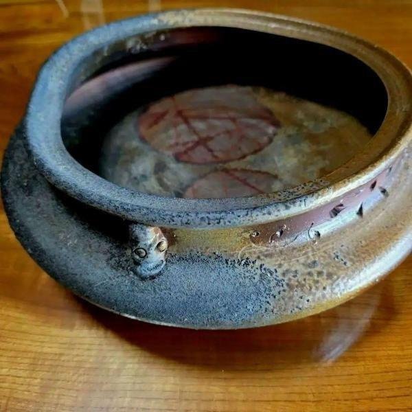 備前焼 藤原陶臣作 三点猫足/三つ足付 水盤 花器 花生 日本備備前名焼