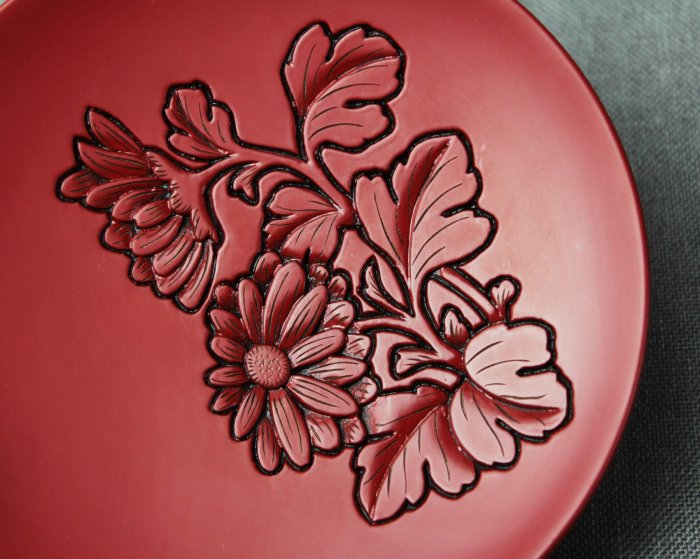 桑園の】美品~日本百年工藝村上堆朱木胎漆器15cm 梅蘭竹菊牡丹菓子器