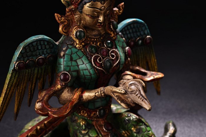 蔵友旧蔵出・銅製・寶石嵌・彩繪・描金・喜上眉梢擺件』・極細工・中国