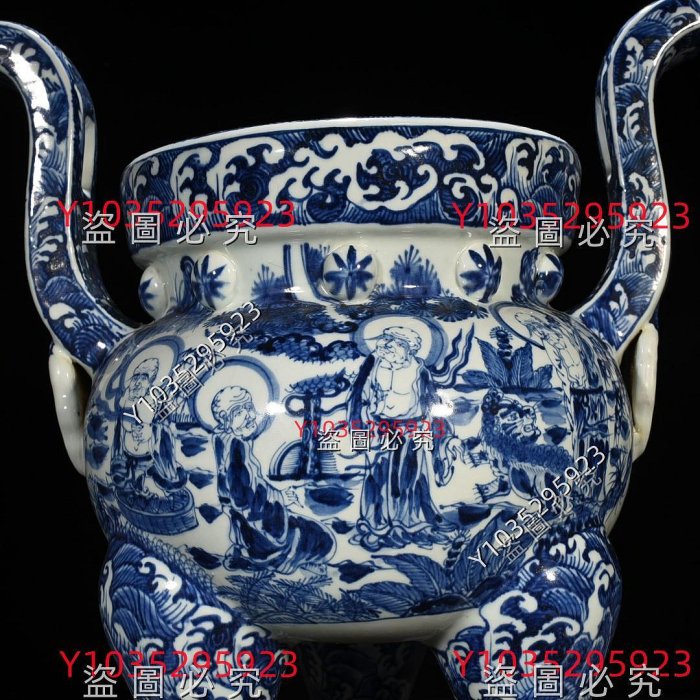 明宣德青花十八羅漢人物紋香爐50*42厘米舊藏古董古玩【古齋】-726