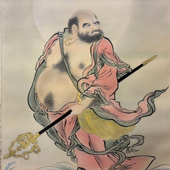 藏舊尋寶屋】老日本畫家作桂山落款「達摩祖師」水墨畫掛軸/畫軸(一元起