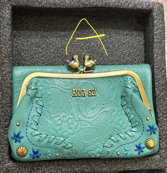 2手 ANNA SUI 安娜蘇 超美藍綠色 日式花紋鋼印 花朵鳥語 斷貨款  皮夾短夾中夾 零錢包 口金二つ折り財布