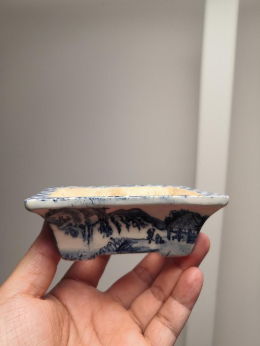 嚴選日本回流老藝術品手繪山水染付小長方盆尺寸：cm 品相完整自然磨損