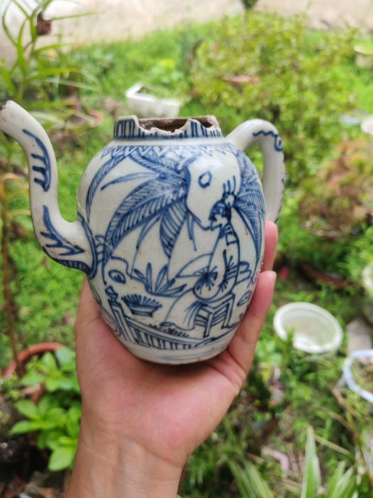 明代萬歷鐵線描青花執壺包真保假一罰萬青花發色純正畫工精美地產一線貨