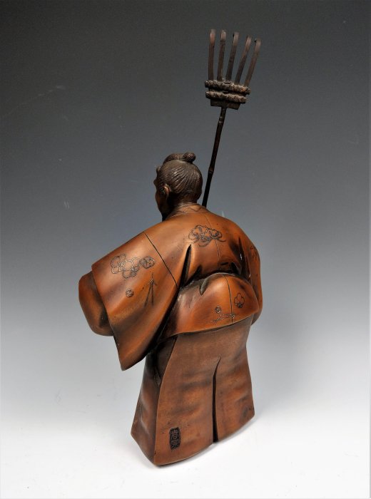 日本古美術/春宗造純銅美件高砂夫婦翁，婆置物，金工細造，原共箱