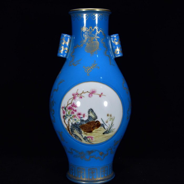 清乾隆年孔雀藍釉描金粉彩花鳥紋貫耳瓶33*16m3000 古玩收藏老物件
