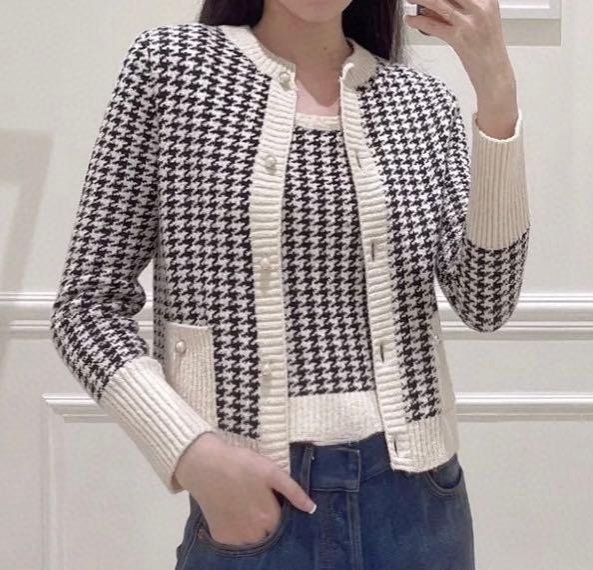 【妖妖代購】Dior 千鳥格純棉混紡針織圓領背心/外套套裝