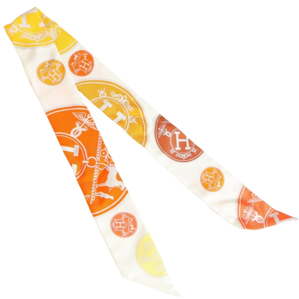 HERMES 愛馬仕 Confettis d Ex Libris Twilly 絲巾 愛馬仕 白/黃/橘色 絲綢 【二手名牌BRAND OFF】