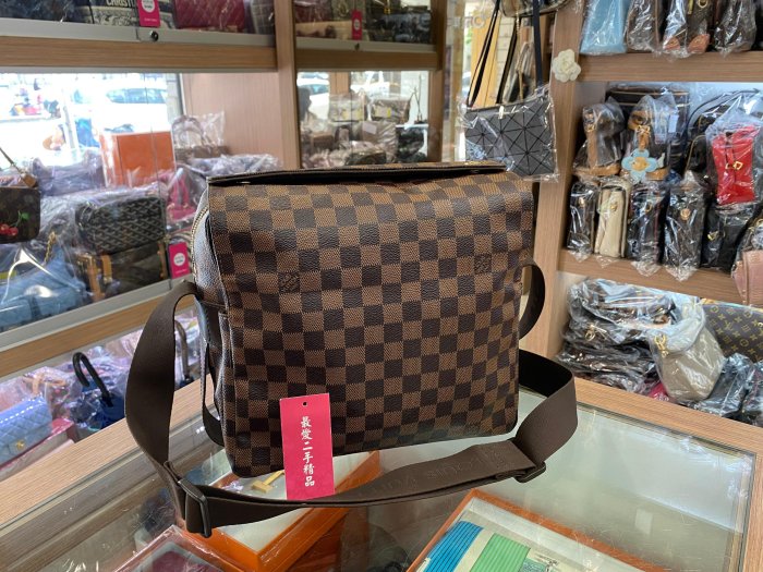 ☆最愛二手精品☆LV 咖啡棋盤格雙蓋上金釦書包斜背包肩背包 M45255 C5351