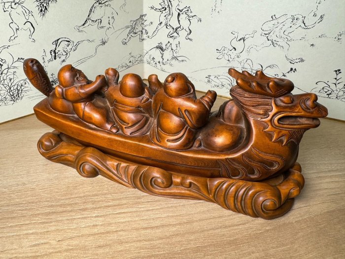 嚴選日本回流手工雕刻老黃楊木雕龍船七福神擺件大約20x7x8.5cm 黃楊木