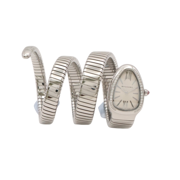 BVLGARI 寶格麗 Serpenti Tubogas 腕錶 銀色蛋白石錶盤 不鏽鋼 鑽石 101910 【二手名牌BRAND OFF】