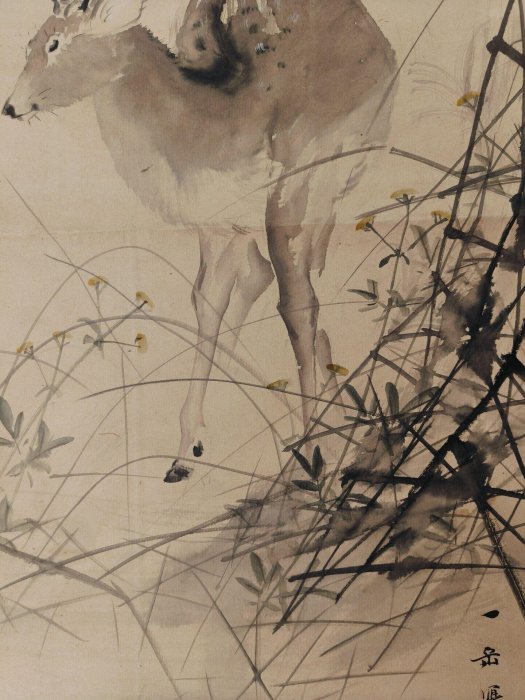 嚴選波多野一岳1877年創作的水墨秋景鹿圖，高級手工裝裱藝術掛軸