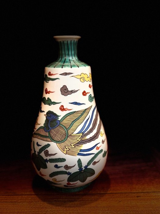 嚴選中古日本九谷窯鳳凰花瓶，手工精製典藏級品，紅黃綠彩繪祥雲紋