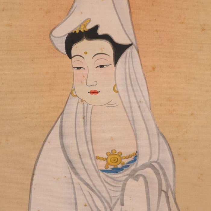 【模写】日本画 魚籃観音像 在銘 松堂 絹本 掛軸 木箱入り 仏画 MB233 魚籃觀音佛畫絹本掛軸木箱入| Yahoo拍賣