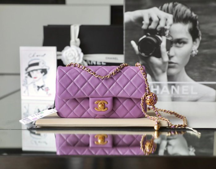 『RP精品』Chanel 香奈兒 CF系列 紫色 編織金球方胖子 側肩背包 口蓋包 20cm