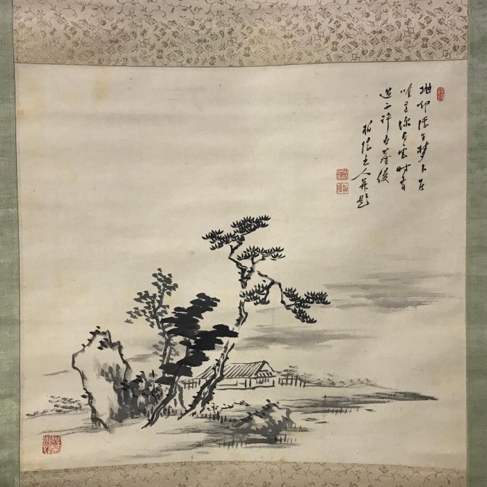 藏舊尋寶屋】老日本落款畫家作提字「山水圖」水墨畫/畫軸/掛軸《絹本