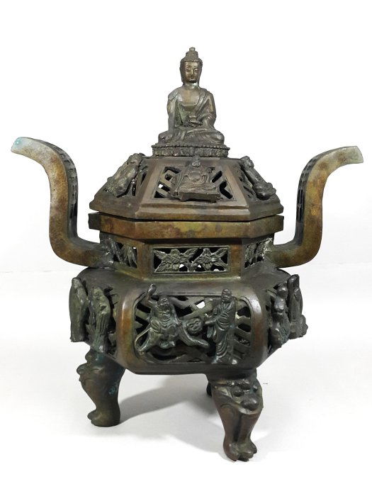 明代 大明宣徳年製 古銅彫 塗金猛虎紋獅首耳老