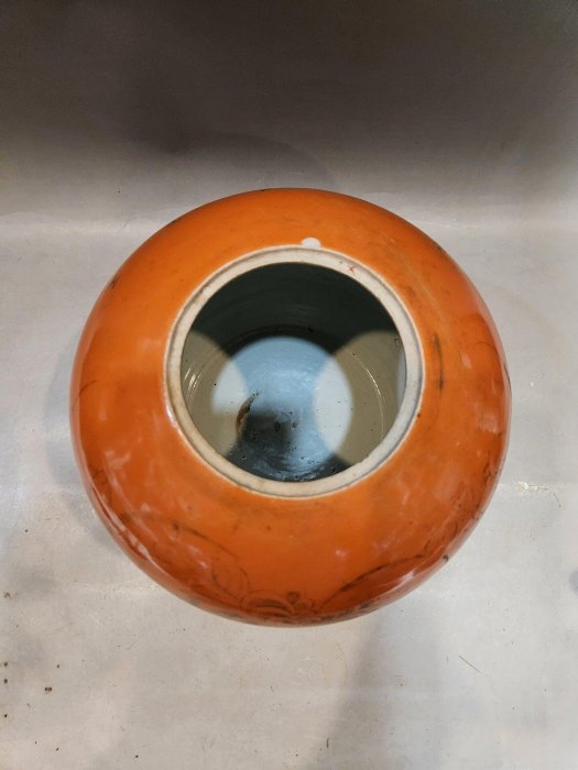 嚴選民國珊瑚紅描金花卉罐直徑21cm 高18cm 爆釉邊口十字花紋收藏品古董