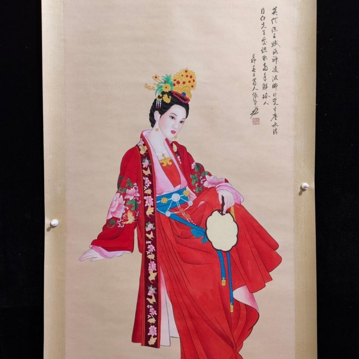 老畫四尺中堂畫張大千仕女手繪實物拍攝一物一圖材質宣紙裱好尺寸:長*寬