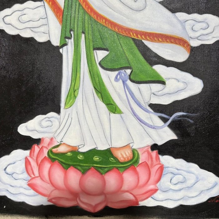 手繪水彩油畫244，陳逸飛觀音像，尺寸70x100 cm左右藏品老貨收藏【二手
