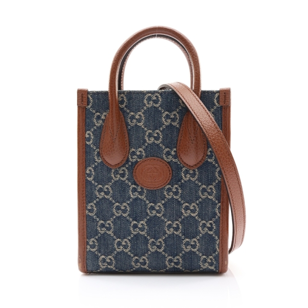 GUCCI 古馳 Interlocking G Mini 兩用包 深藍色 GG Supreme丹寧布 棕色牛皮 671623 【二手名牌BRAND OFF】