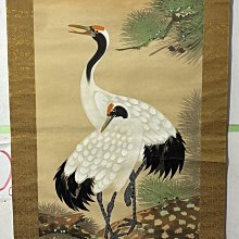 藏舊尋寶屋】老日本畫家作落款「松鶴圖」水墨畫掛軸/畫軸/掛軸《絹本
