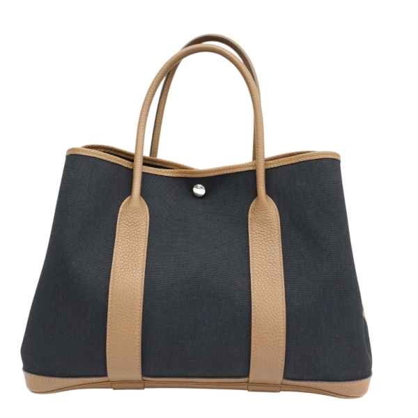 HERMES 愛馬仕 黑色帆布 棕色牛皮 Garden Party 36 手提包 Z刻 【二手名牌BRAND OFF】
