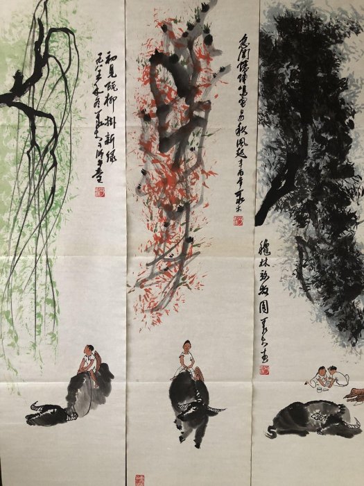 中国古美術・純手描き牧牛図三尺画芯・水墨画・李可染印款・書道品・宣紙・带水印 嚴選李可染風格牧牛圖字畫藝術品四條屏純手繪維修尺寸約45x90 公分牧牛
