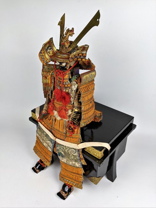 日本古民藝/武士甲冑置物一式，人形道具，坐高66cm，箱櫃附，鎮