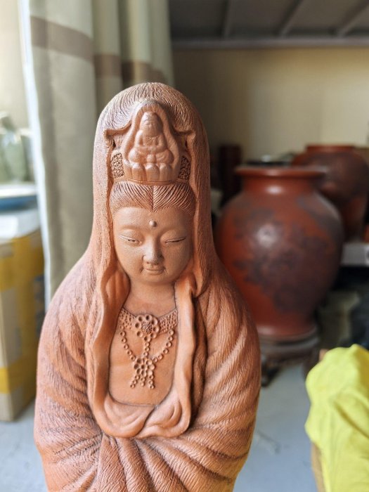 日本昭和時代森下辰義純手塑朱泥觀音像，細工雕刻藝術精品百年老物雕刻