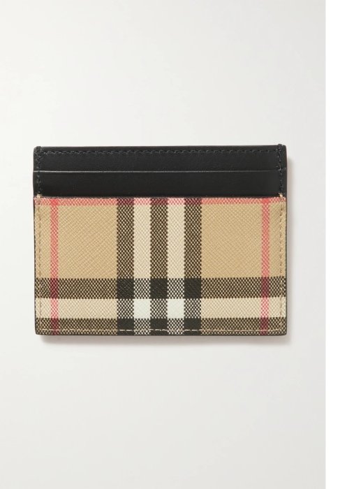 【BURBERRY 巴寶莉】經典格紋Vintage 拼皮革卡片夾名片夾 (卡其/黑)