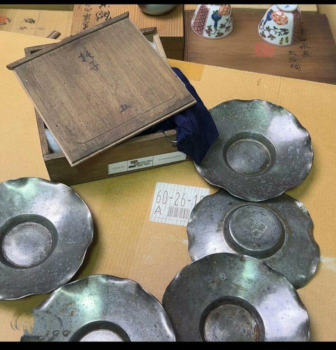 純錫 茶托 純錫圓式茶托 5枚組 秦蔵六作 四君子霊芝 茶器