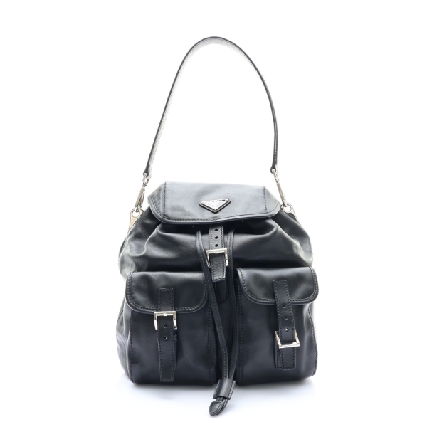 PRADA 普拉達 黑色 牛皮 Double Pocket Drawstring 肩背包 【二手名牌BRAND OFF】