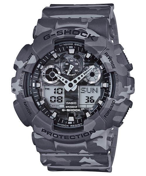 【金臺鐘錶】CASIO 卡西歐G-SHOCK GA-100CM-8A 男錶 橡膠錶帶 灰迷彩 雙顯 耐衝擊構造