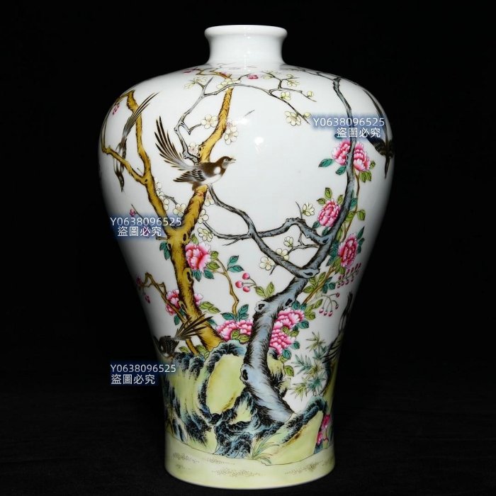 清雍正粉彩花鳥紋梅瓶，高27.6cm直徑18cm，編號26 粉彩琺瑯彩青花【古