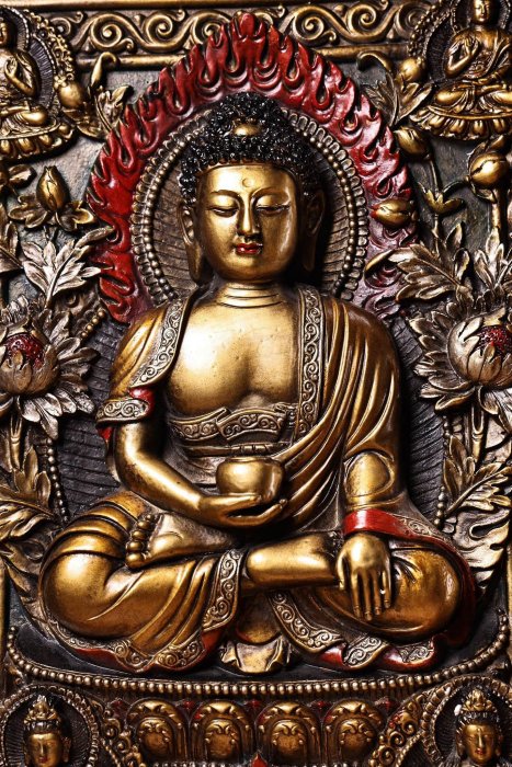 西藏古董木刻釋迦牟尼佛彩繪描金唐卡屏風雕工精細藏傳藝術重3300克高62