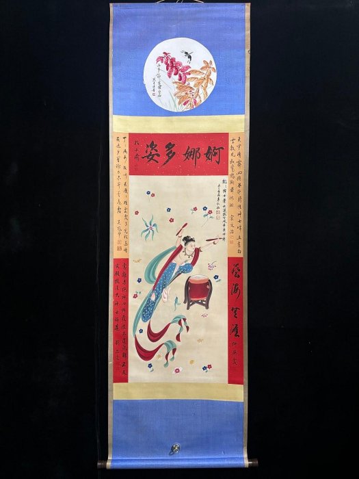 張大千 玉女丹心 三尺中堂 掛軸 絹本装裱 大幅 約174×77cm 代號OS343《張大千飛天》雙拔形三尺純手繪2材質宣紙裝裱尺寸200cm*63cm