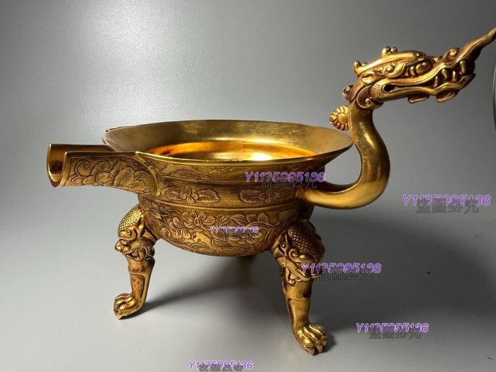 古玩大唐貞觀酒器唐代酒杯三足龍首鎏金杯金器收藏雜項銅鎏金擺件收藏老