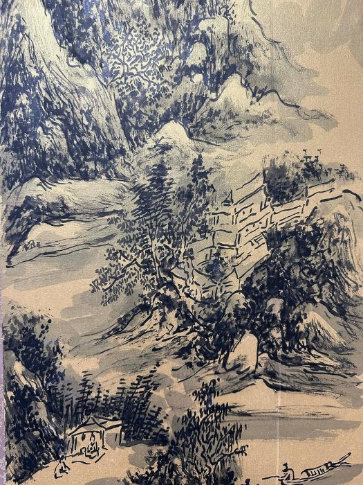 嚴選黃賓虹山水高士圖，泥金紙老框回流，尺寸34×138公分，精美古框45